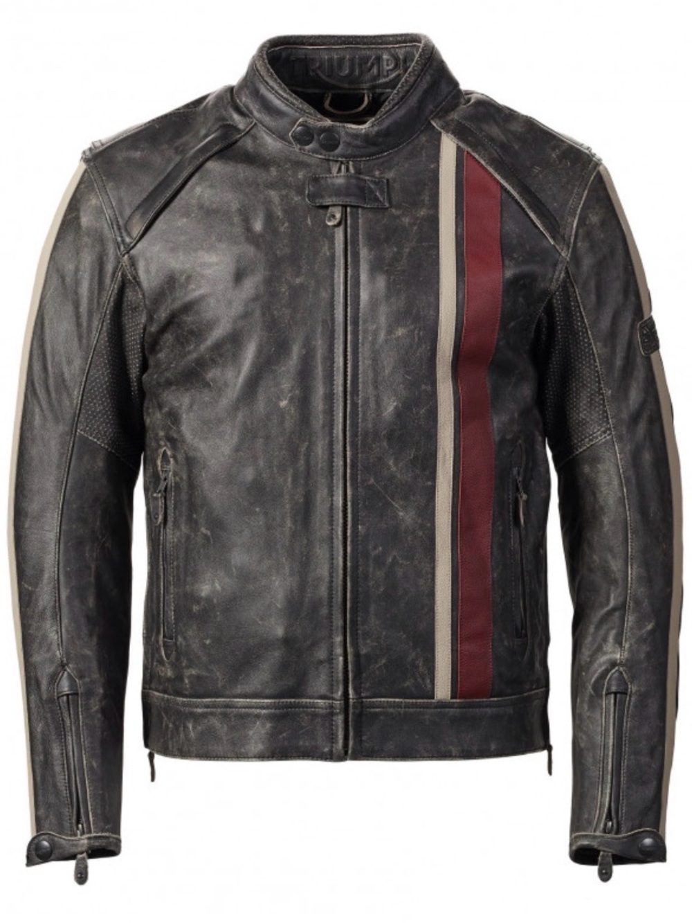 Triumph Black Leather Jacket with Red & Cream Racing Stripes - Picture 2 of 7